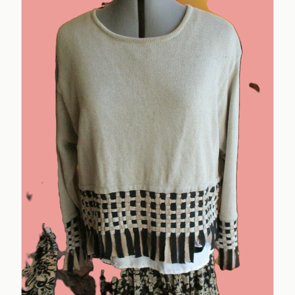 Vintage Christina Rotelli Natural Oversized Boxy Lagenlook Fringe Sweater M-XL